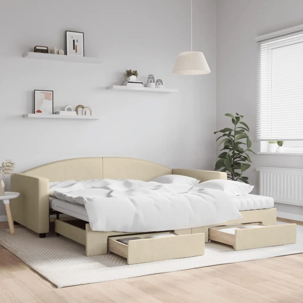 Divano Letto Estraibile con Cassetti Crema 100x200cm in Tessutocod mxl 82733