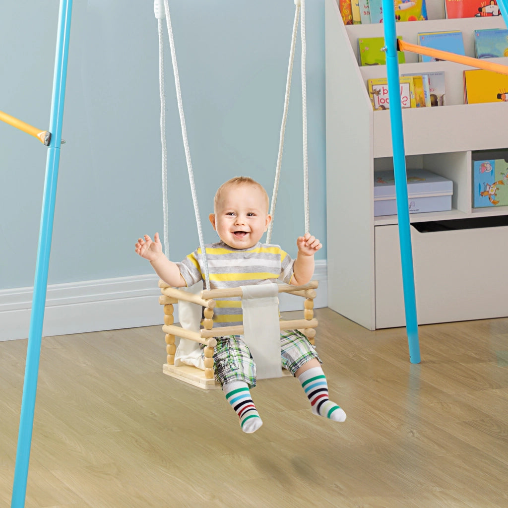 Altalena per Bambini 9-36 Mesi in Legno e Cotone con Corda Regolabile e Cuscino, 30x30x110-180 cm