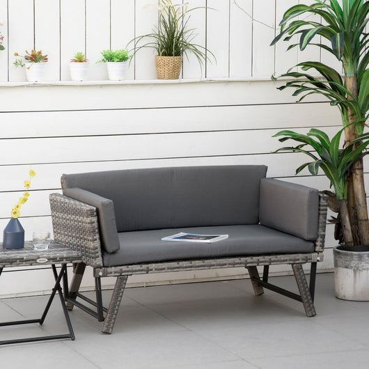 Divano da Giardino 2 Posti con Imbottitura e Braccioli Ribaltabili 129x63x67 cm in Rattan Grigio