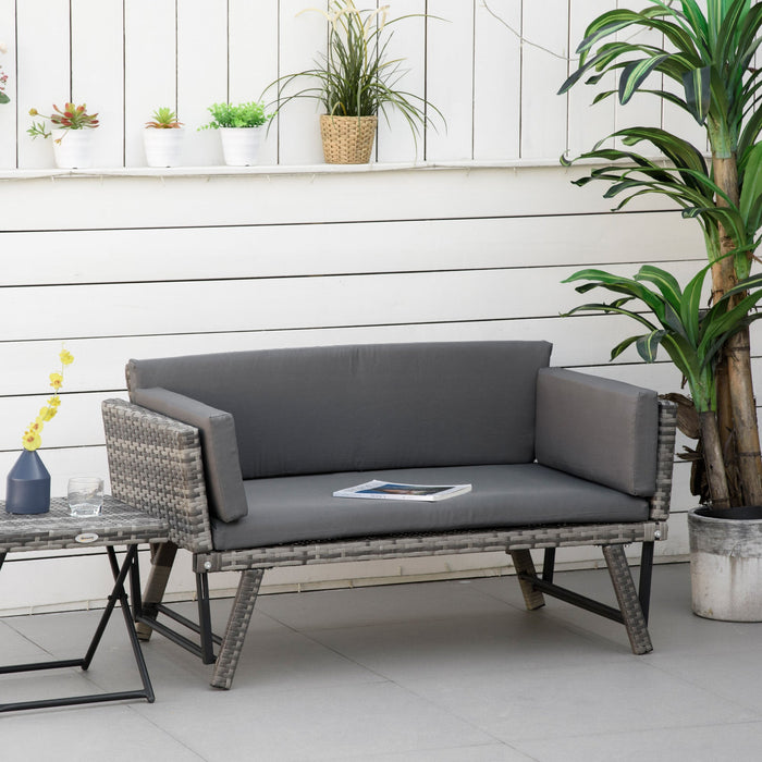 Divano da Giardino 2 Posti con Imbottitura e Braccioli Ribaltabili 129x63x67 cm in Rattan Grigio