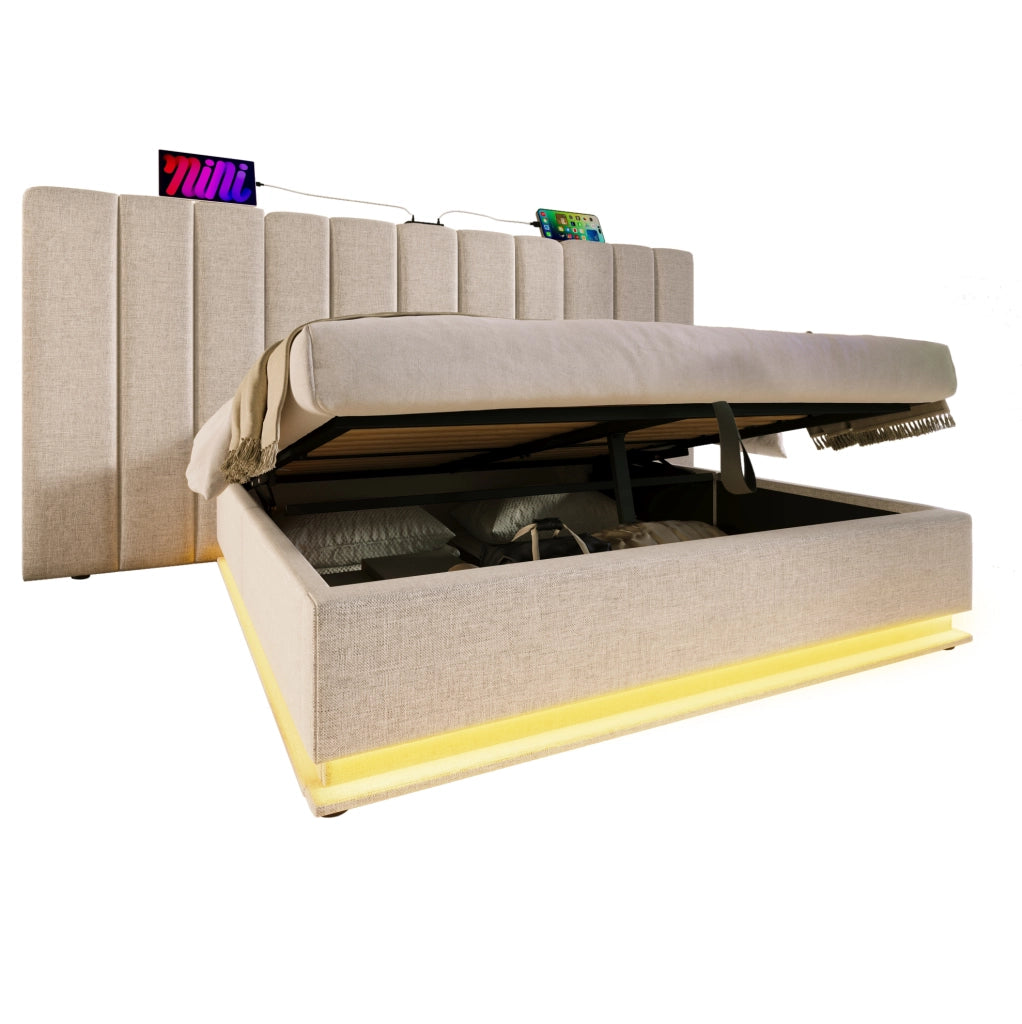 Letto matrimoniale 160x200 con LED 360°, USB-C e contenitore idraulico