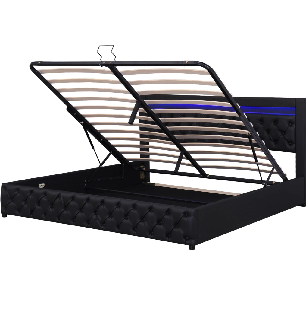 Letto imbottito 160x200 cm; con LED e contenitore; PU nero (Senza materasso)
