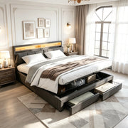 Letto matrimoniale contenitore 160x200 cm con testiera imbottita LED e porta USB cassetti e rete a doghe in lino-grigio