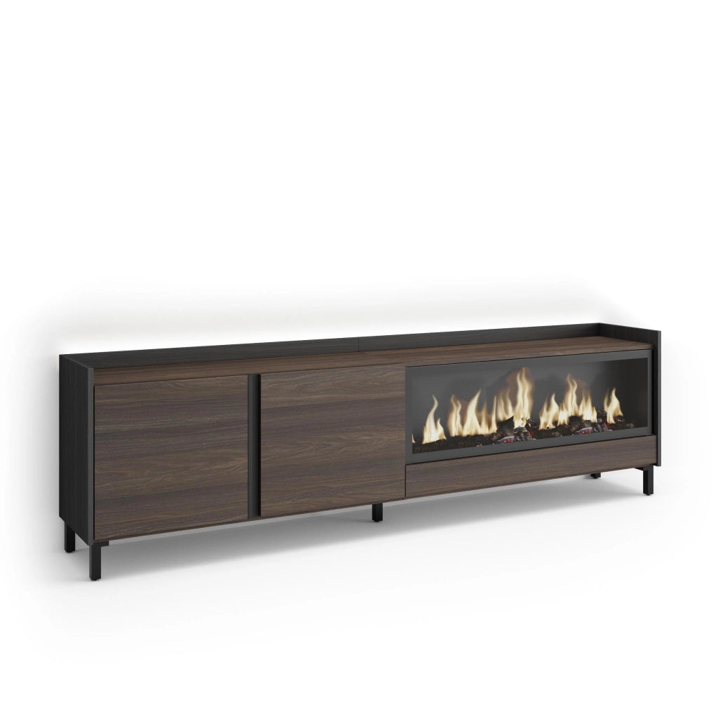 Mobile TV Soggiorno, 212x61x35 cm, Per TV fino a 80", Camino elettrico XXL, Design industriale, LED, Rovere scuro e Nero
