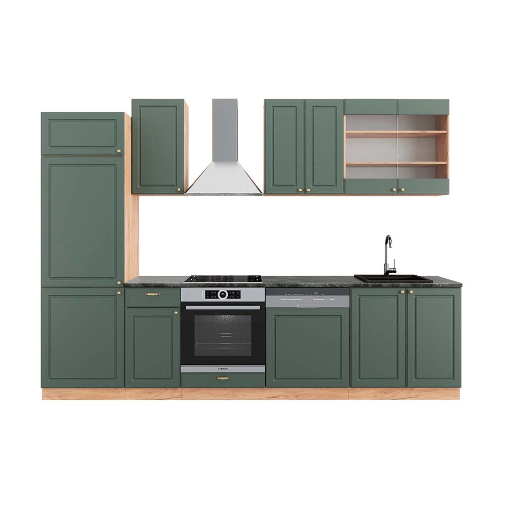 Cucina componibile Fame-Line Verde-oro rustico/Rovere dorato 300 cm, PL Antracite Vicco