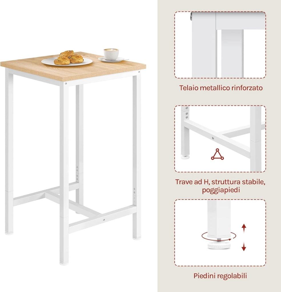 Tavolo da Bar Quadrato, Tavolo Cucina Alto, Tavolino in Metallo & Legno per Cucina, Soggiorno, Rovere Chiaro+Bianco