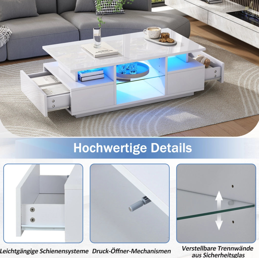 Tavolino da salotto 100 x 50 x 36 cm con 2 cassetti; LED; ripiani in vetro; bianco lucido