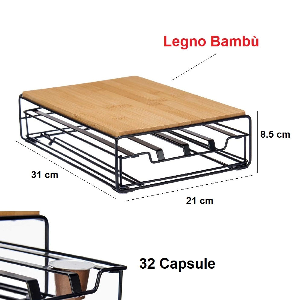 Cassetto Porta Capsule Nespresso 32Posti Metallo verniciato Bambù Vassoio Estraibile