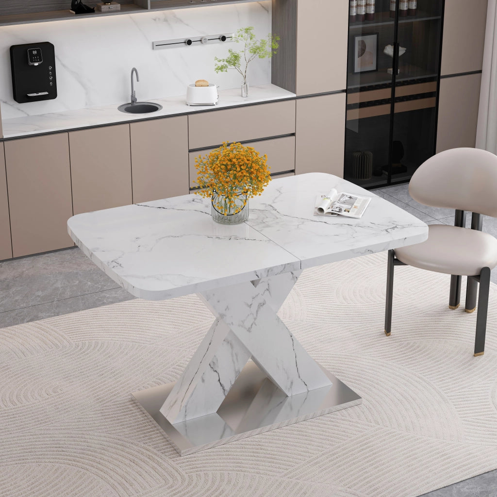 Tavolo allungabile rettangolare con piano effetto marmo bianco e base a X in metallo per sala da pranzo 160 × 80 × 76,5 cm