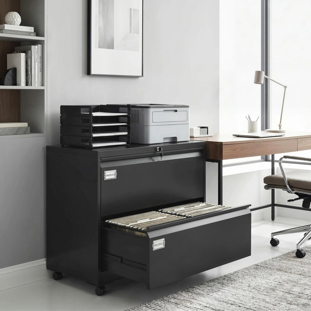 Cassettiera a rotelle con 2 cassetti a chiavetta e appendice regolabile ¨C zephmum ¨C 90x40x77 cm Nero
