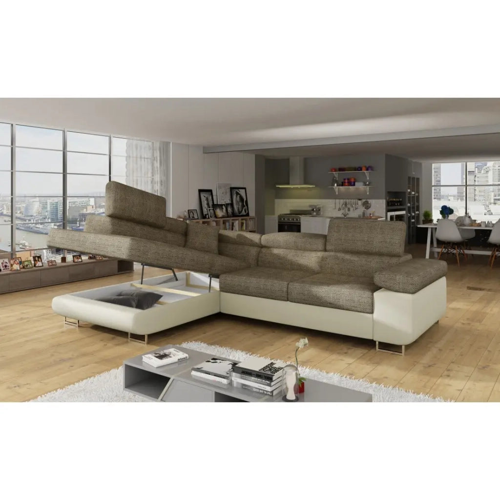 Divano angolare trasformabile MENTON beige e marrone bouclé - Angolo sinistro con vano contenitore
