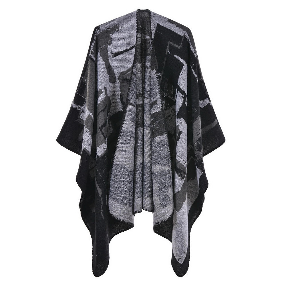 Nuovo scialle/mantella in jacquard di cashmere alla moda con spacchi, spesso e ampio, da donna.