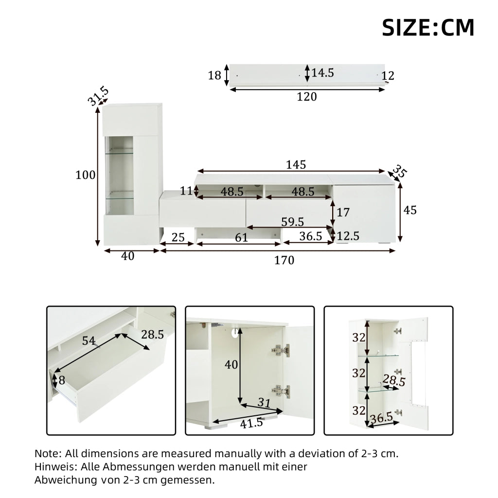 Set mobile porta TV con LED e fronti lucide, 1 anta, 2 cassetti e 2 vani aperti, stile moderno, per soggiorno, bianco