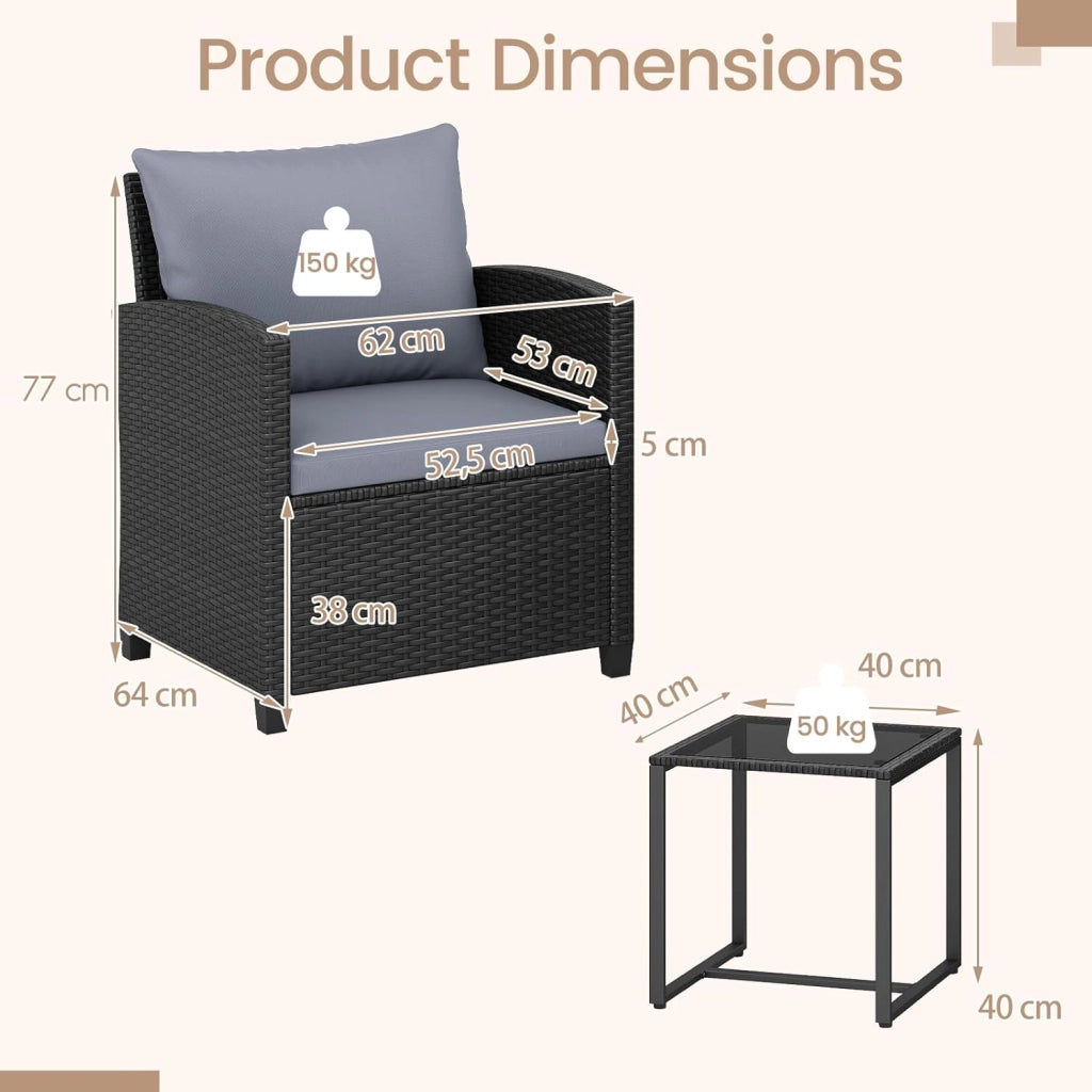 Set da Giardino 3 Pezzi, Set Salotto Esterno per 2 Persone, 2 Poltrone con Cuscini + 1 Tavolino con Piano in Vetro, Mobili da Esterno per Balcone, Terrazza, Cortile (Nero+Grigio)