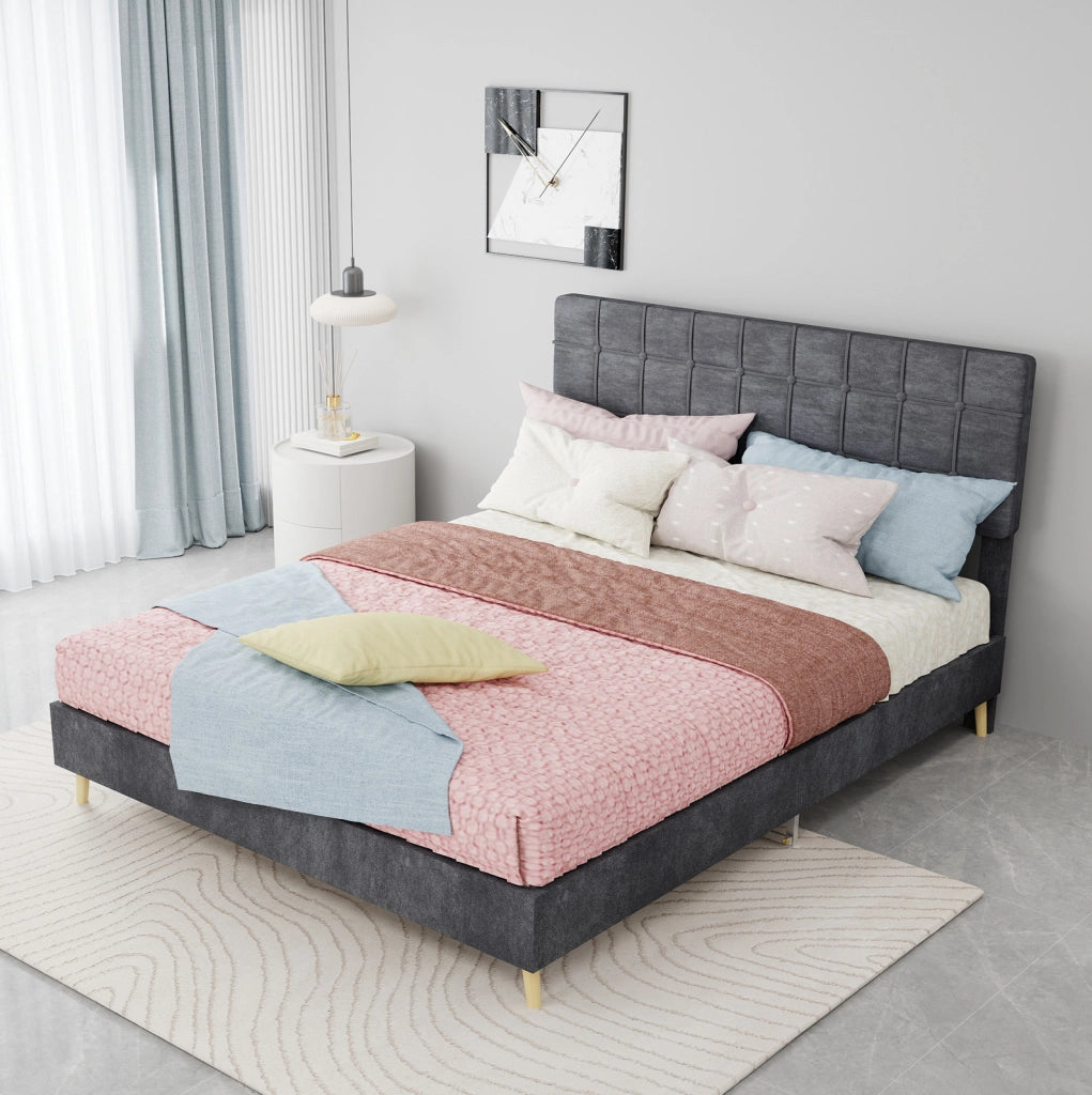 Letto 140x200 cm con testiera trapuntata e gambe in legno in velluto grigio