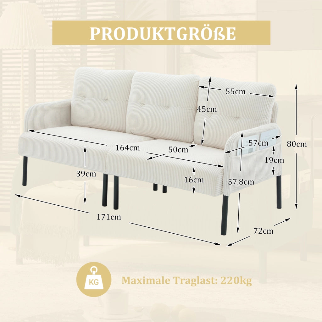 Divano a 3 posti in tessuto corduroy con seduta ampia, tasca laterale, schienale ergonomico e struttura in metallo beige