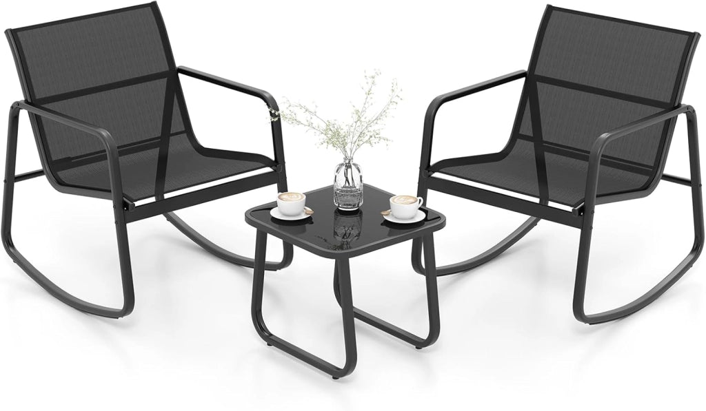 Set Bistrò 3 Pezzi, Sedie a Dondolo Ergonomiche in Textilene, Tavolino in Vetro Temperato, Struttura in Metallo, per Balcone, Giardino e Terrazzo (Nero)