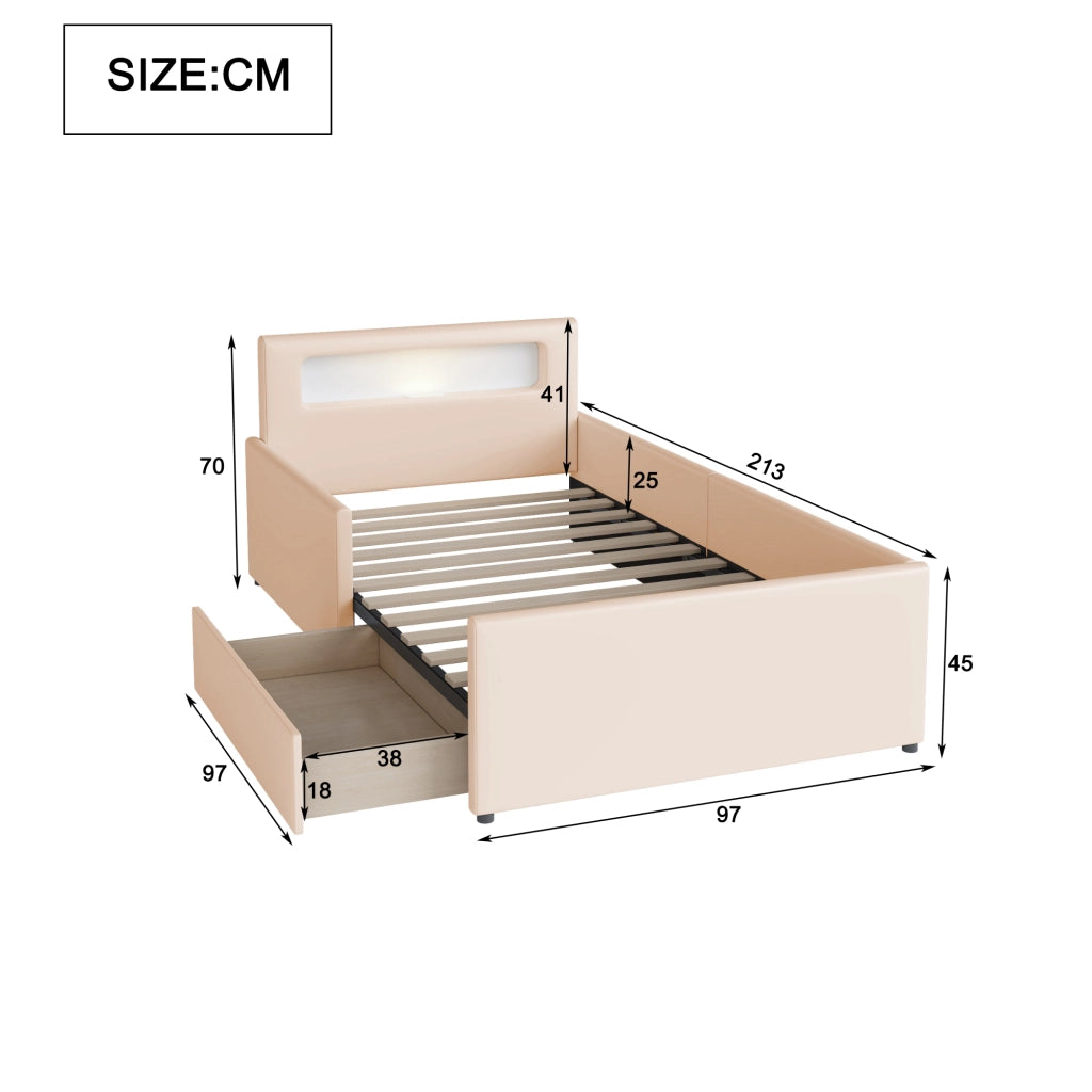 OKWISH Letto Bambino 90×200 cm, Letto Singolo con USB, Luce Notturna e Cassetto Contenitore, senza Materasso, in Ecopelle, Beige