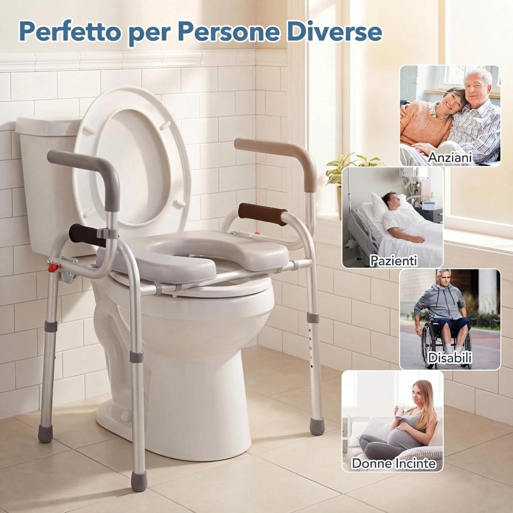 Ringhiera di Sicurezza per WC Portata 136 kg, Barra Bagno con Braccioli Pieghevoli e Supporto Laterale per Doccino, Altezza Regolabile da 49 a 59 cm, Rialzo WC per Anziani e Donne Incinte