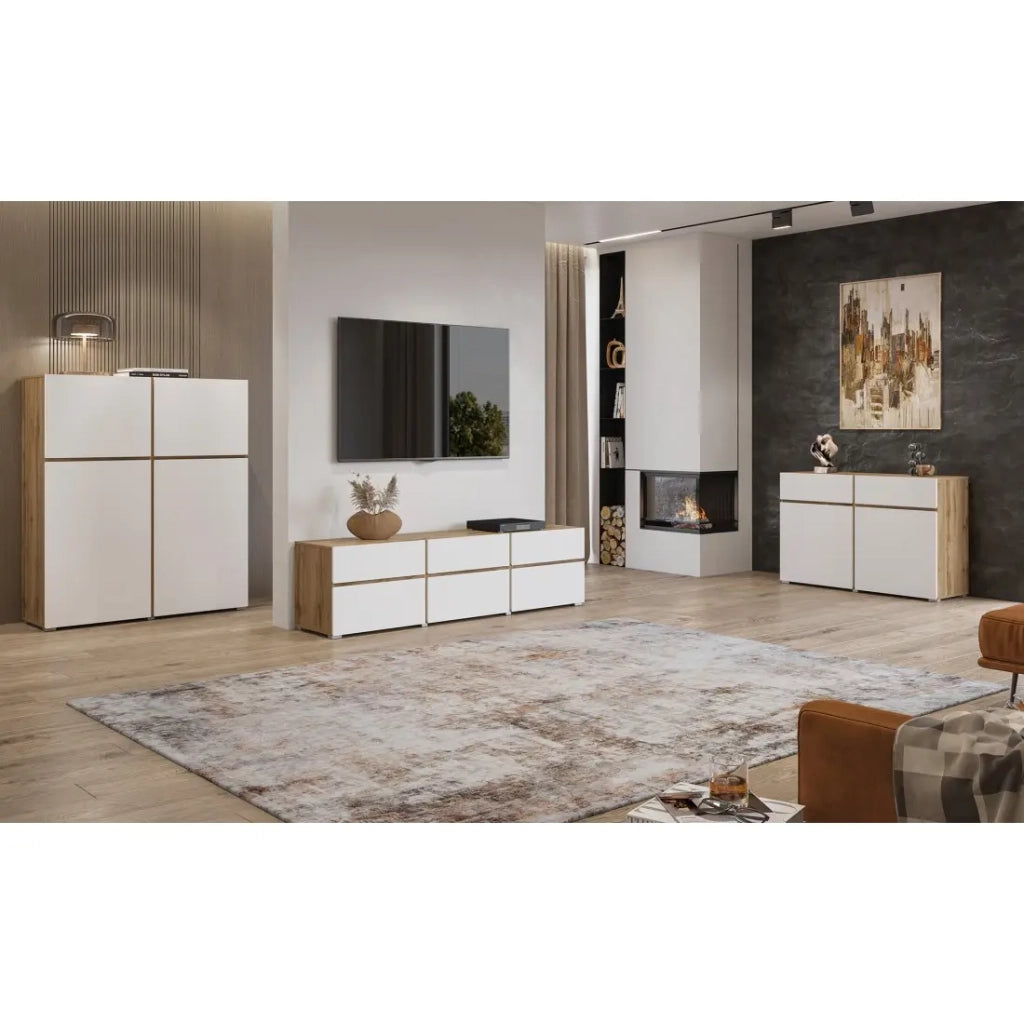 Mobile TV HAVANA – 180 cm – 3 ante ribaltabili e 3 cassetti – Rovere e bianco – Design contemporaneo