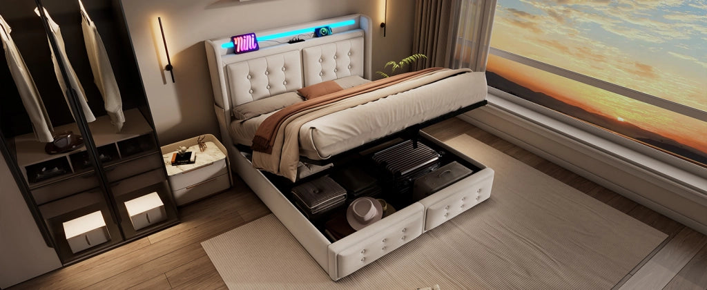 Letto imbottito 180x200 con testiera LED, prese e USB-C, contenitore con rete a doghe, beige