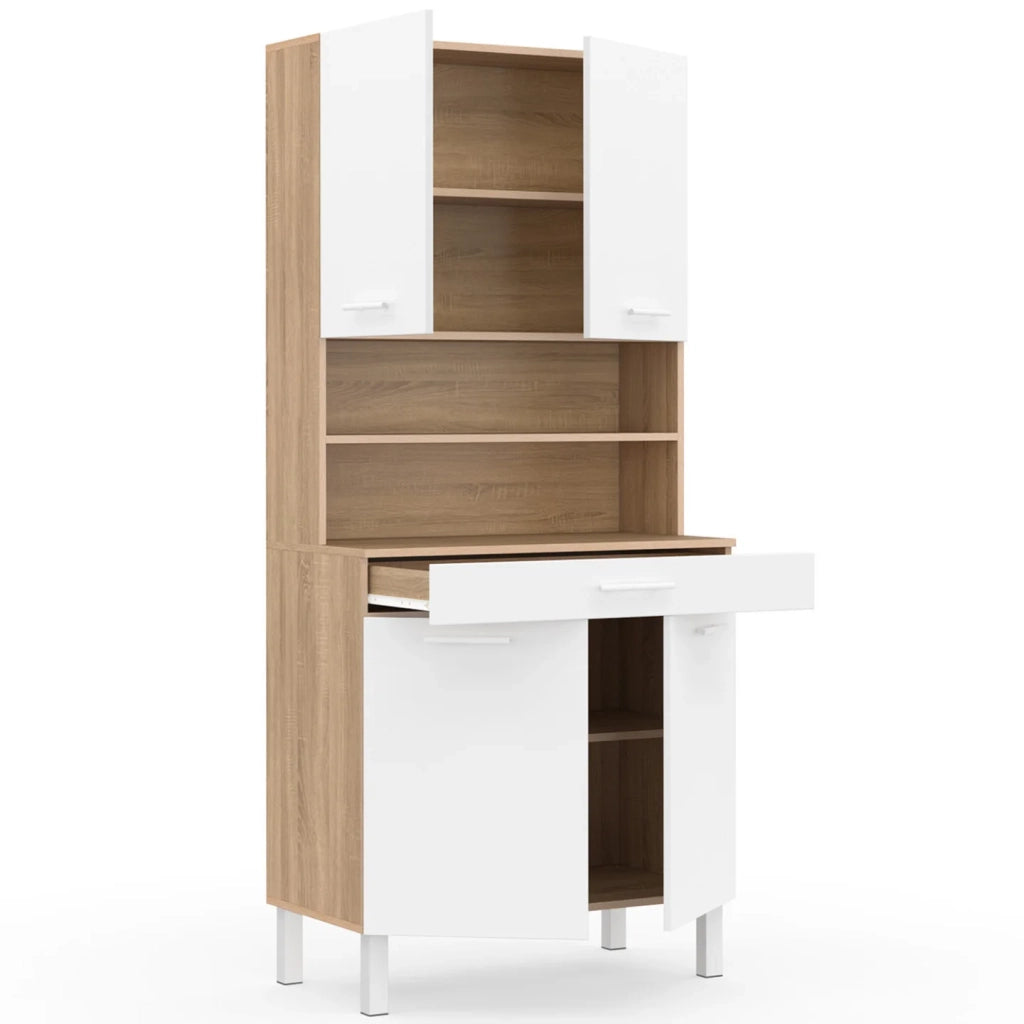 IDMarket - Comò da cucina CINA 80 CM con 4 ante + cassetto, finitura faggio e bianco