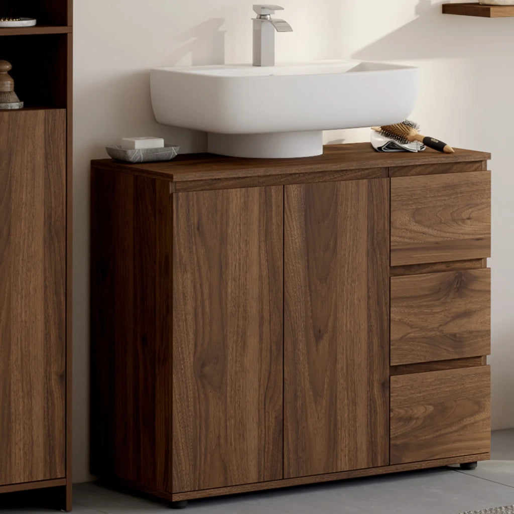 IDMarket - Mobiletto da bagno TOMI con armadietto e 3 cassetti effetto noce