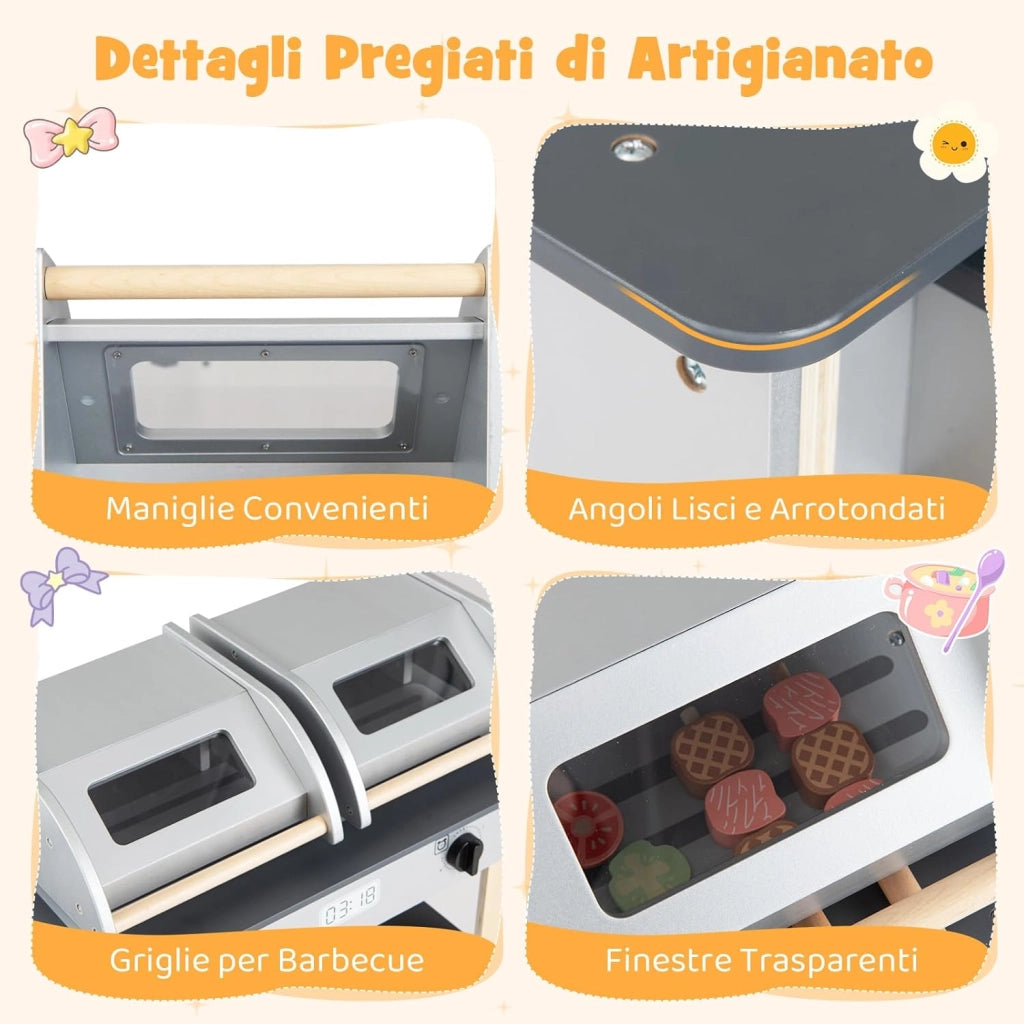 Set di Gioco per Barbecue in Legno per Bambini, Gioco di Griglia per Bambini con 2 Grill, Coperchi Ribaltabili, Ricchi Accessori e Cibi Giocattolo, per Bambini 3+ Anni
