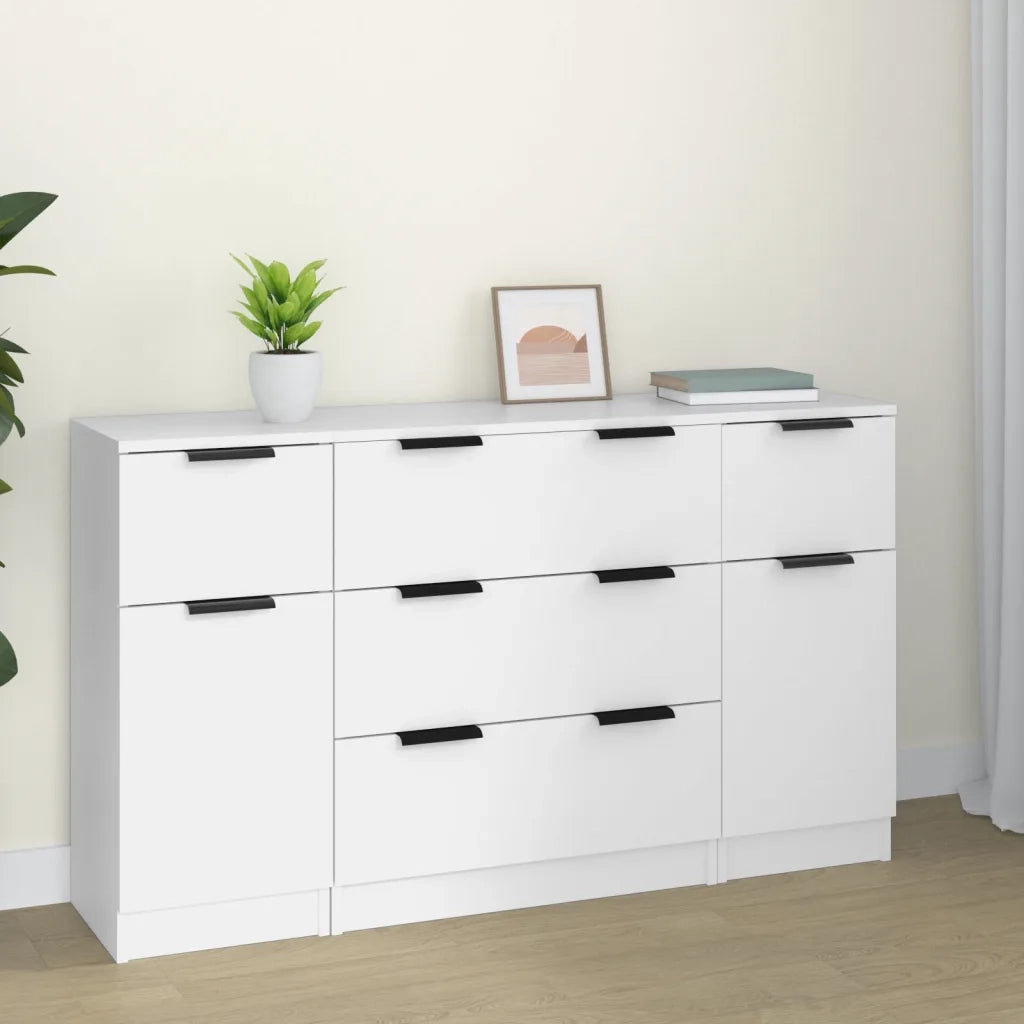 Set di Credenze 3 pz | Madia | Buffet da pranzo | Armadio da pranzo in Legno Multistrato Bianco