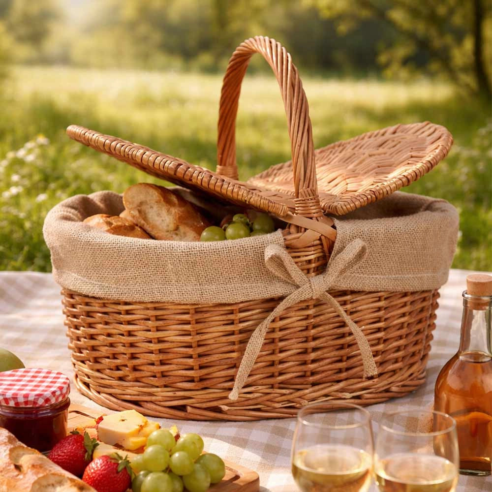 Cesto Picnic Campagnola piccolo in Vimini e Juta con coperchio cm 40 x 30 x h 37