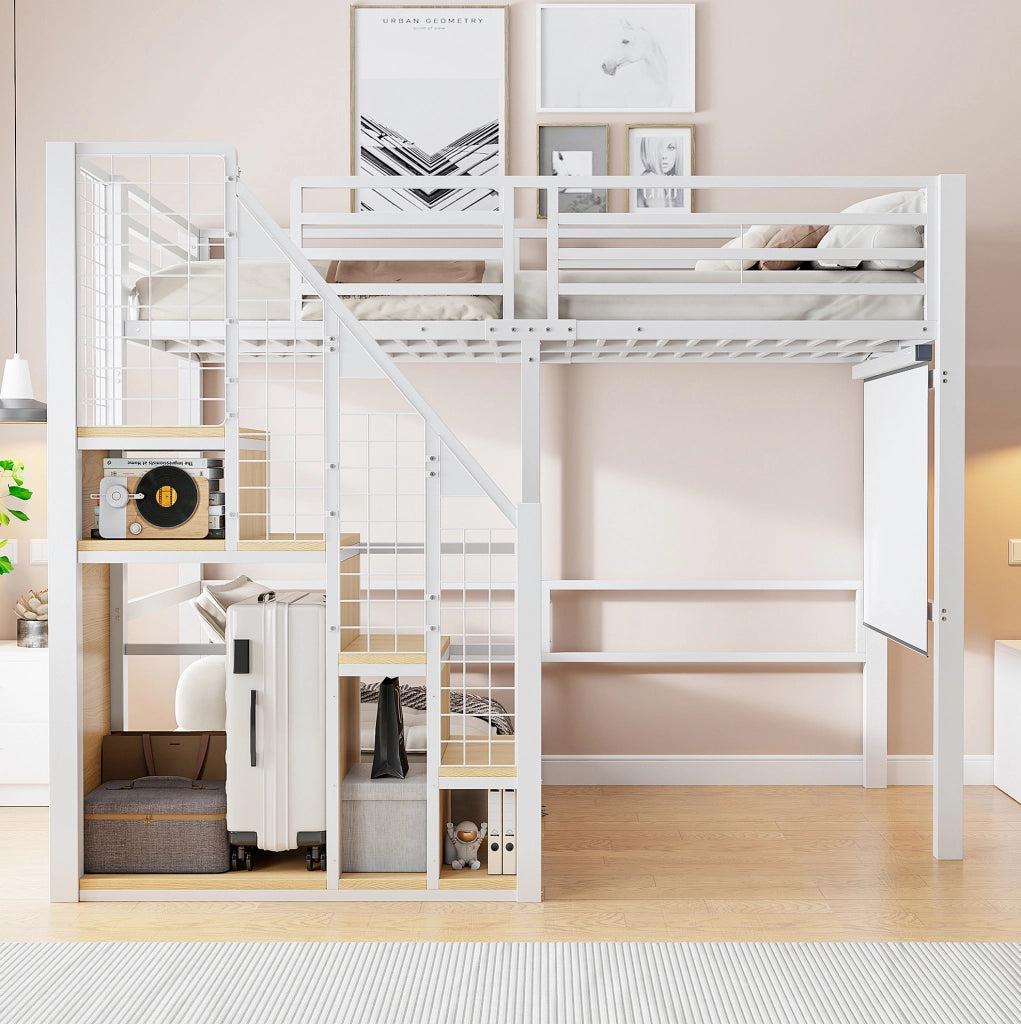 Letto a soppalco singolo 90x200 cm in metallo con scala e vano contenitore; bianco