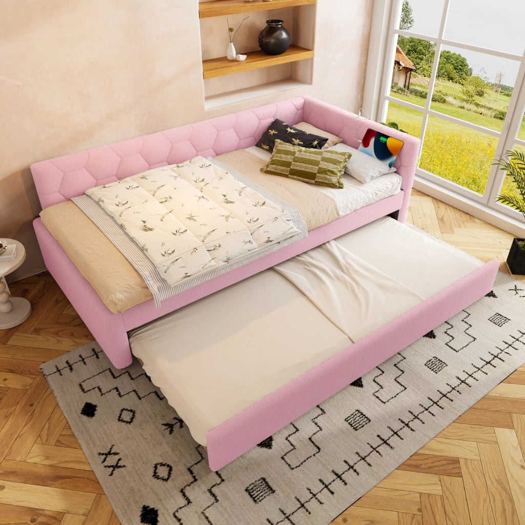 Daybed in bouclé con letto estraibile, USB-C e lampada, 90x200 cm, rosa