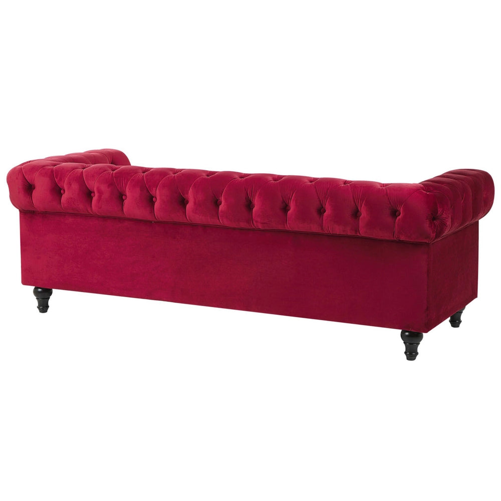 Divano Chesterfield Tessuto Velluto Rosso Scuro Rivestimento Gambe Nere 3 Posti
