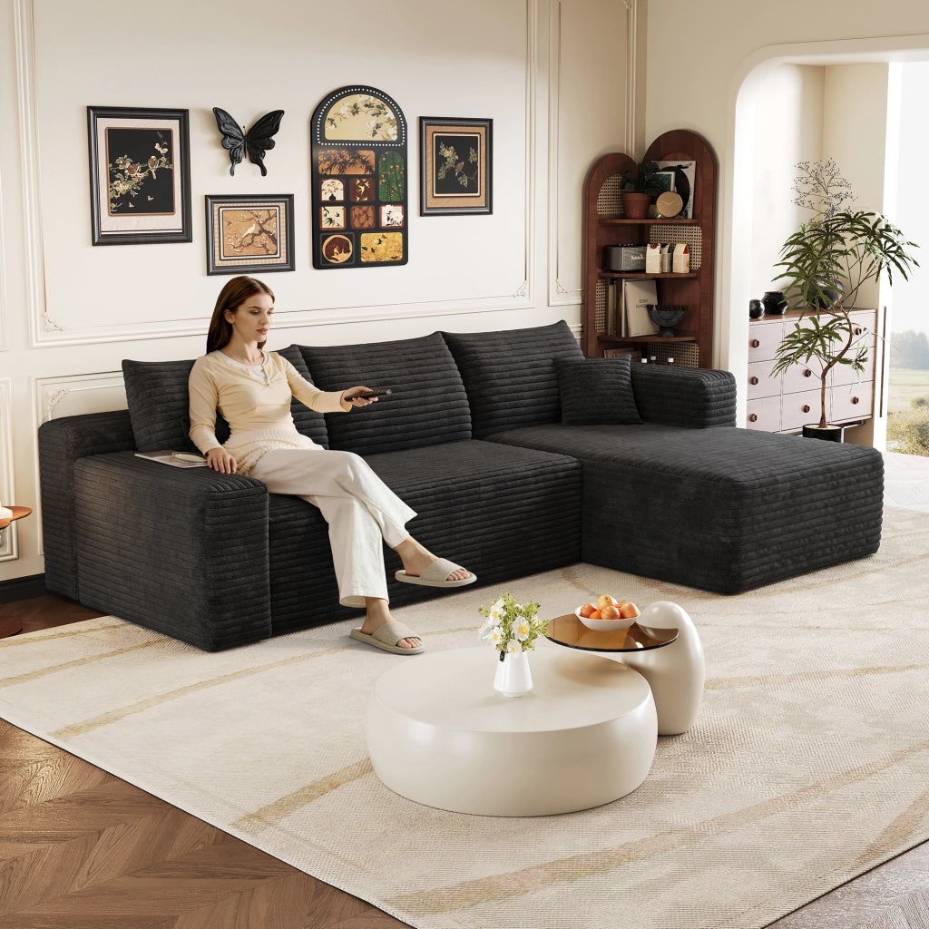 Divano angolare in tessuto a coste con seduta profonda e montaggio rapido per soggiorno nero 241 × 151 × 58 cm