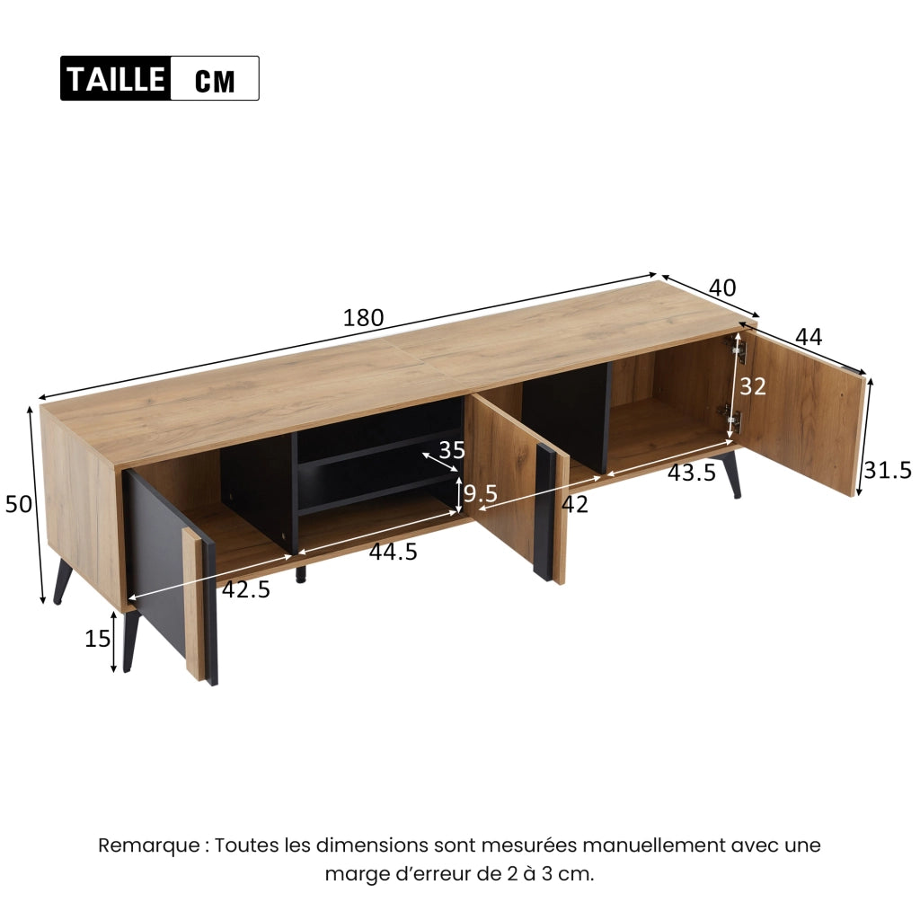 Mobile TV 180 cm con 3 Ante e 4 Vani Aperti e Passacavi; Stile Rustico; Marrone e Nero