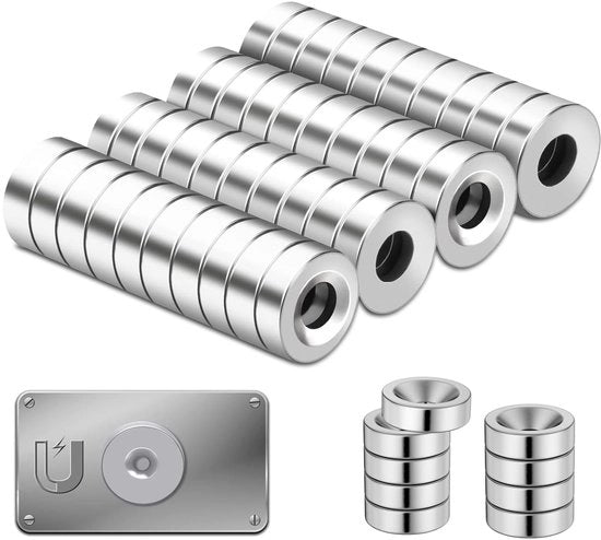 40 magneti neodymium con foro, extra forti 10 mm x 3 mm, rotondi, argentati, per whiteboard, frigorifero, foto e lavagne magnetiche