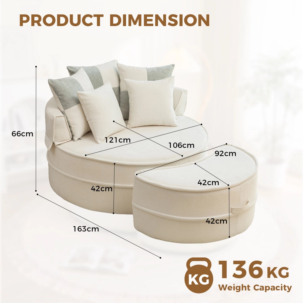 Sedia lounge rotonda senza montaggio con 5 cuscini e ottomana in schiuma beige per soggiorno 121 × 107 cm