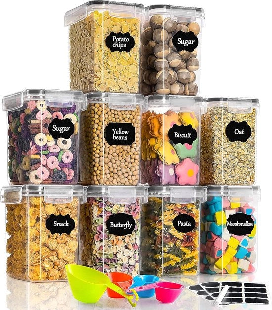 Vasca di stoccaggio in plastica con coperchio, 1,6 litri, 10 pezzi, impermeabile, per conservazione di pasta, muesli, riso, farina e alimenti per animali domestici, riutilizzabile