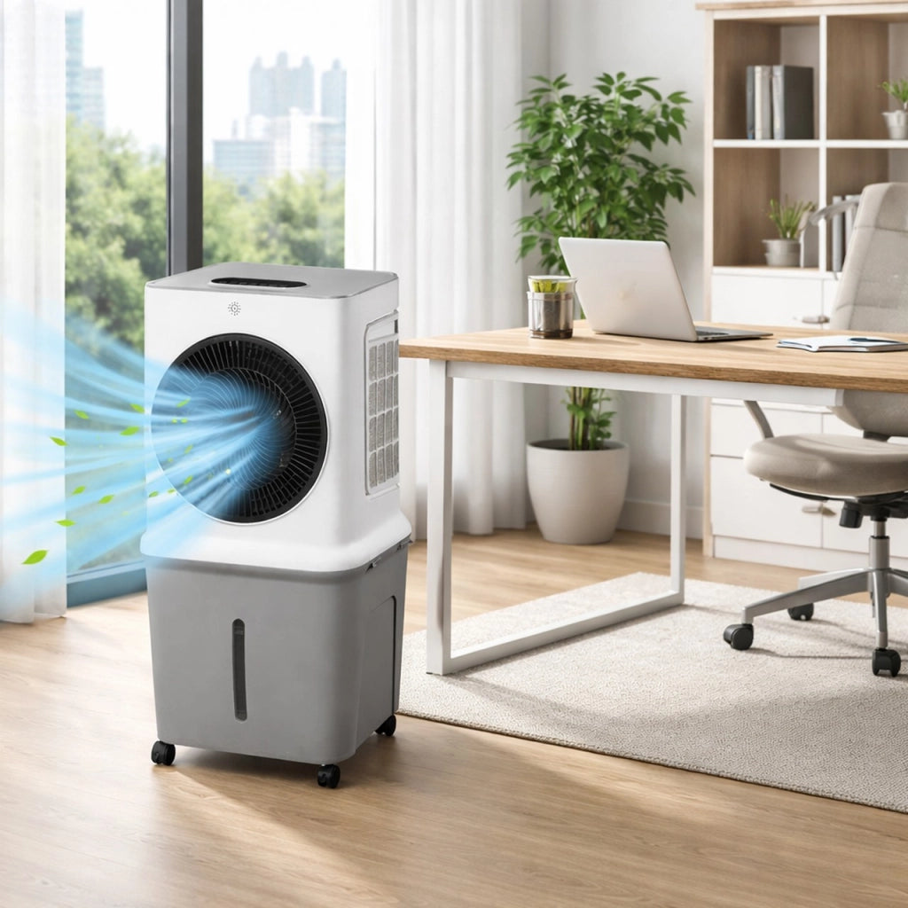 Ventilatore Raffrescatore D'aria 35L con Telecomando, 3 Velocità, Timer 12h, Sistema Swing, 120W, con Ruote e Tanica Capiente – 45,1x36,3x88,6 cm