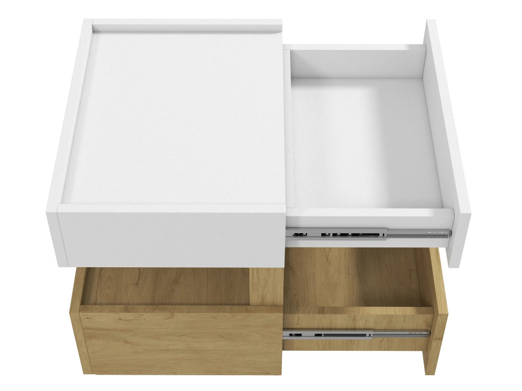 COMODINO 50x40x50 cm con ricarica wireless e LED, Bianco/Naturale, 2 cassetti