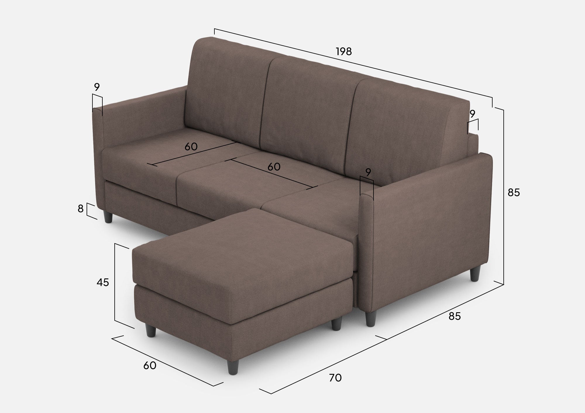 Divano 3 Posti con Pouf 198x155x85 cm Karay in Tessuto Talpa