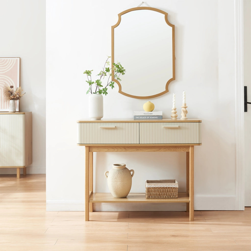 Tavolo a Consolle Ferrersp con 2 Cassetti e Ripiano 100 x 40 x 80 cm - Effetto Rovere / Avena Oatmeal [en.casa]