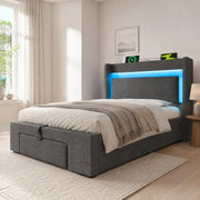 Letto imbottito 90x200 cm grigio con contenitore idraulico, LED, USB e USB-C, senza materasso