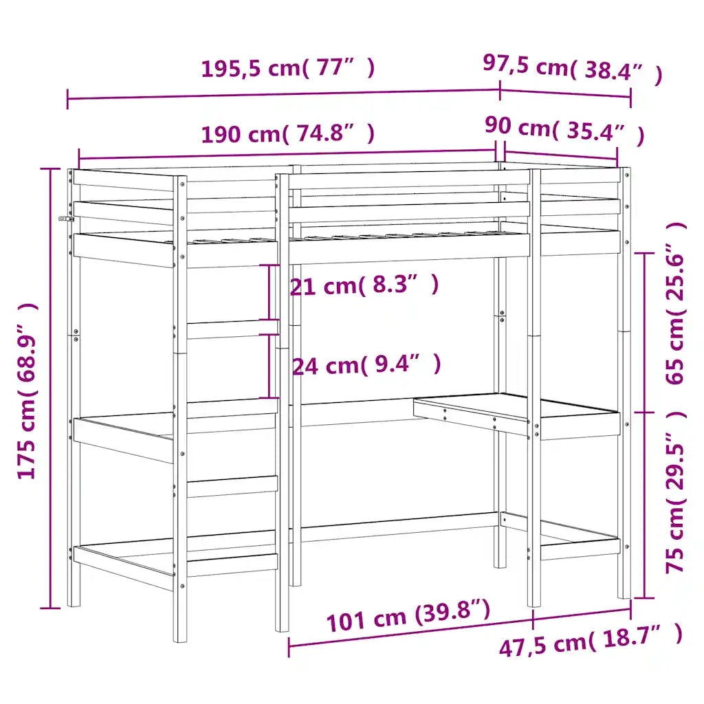 Letto Soppalco con Scrivania Marrone Cera 90x190 cm Legno Pino 842861