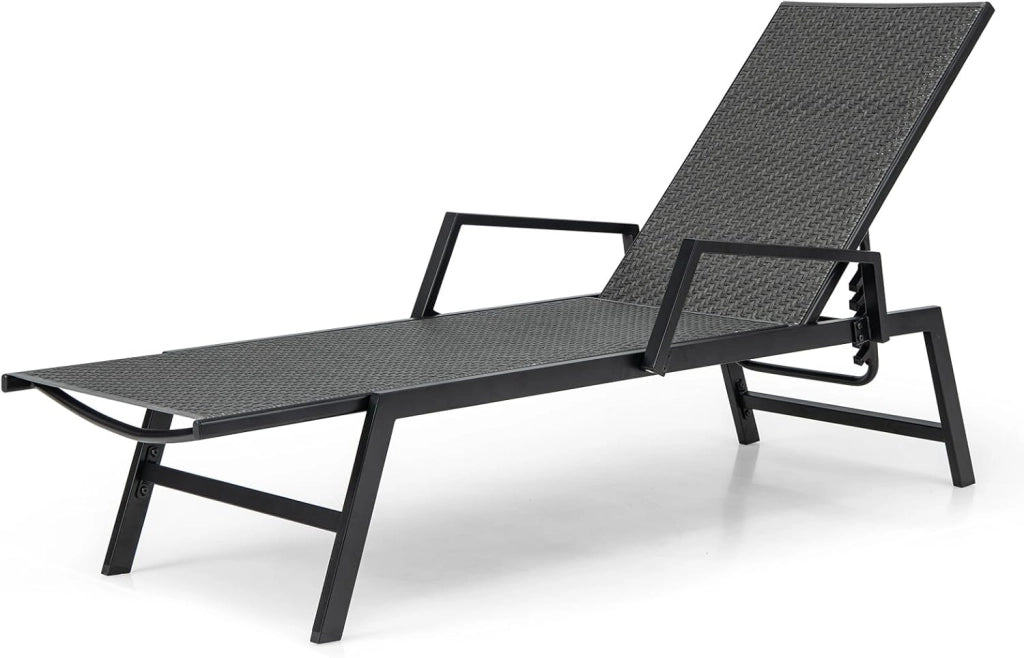 Lettino Prendisole in Rattan, Sdraio da Giardino con Schienale Regolabile a 5 Posizioni, Braccioli e Schienale Alto, Telaio Metallico Robusto, Portata 150 kg, per Piscina Balcone e Terrazza