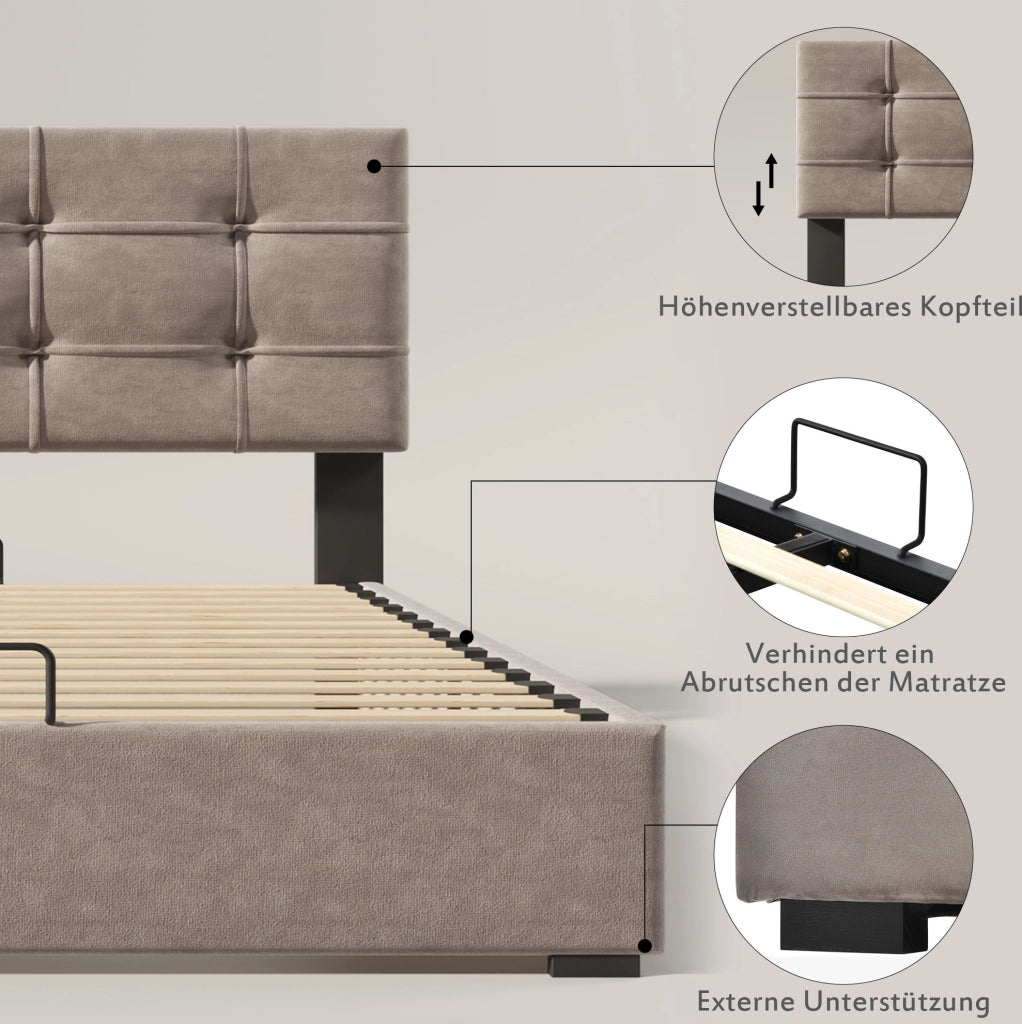 Letto singolo contenitore 90x200 cm in velluto grigio chiaro