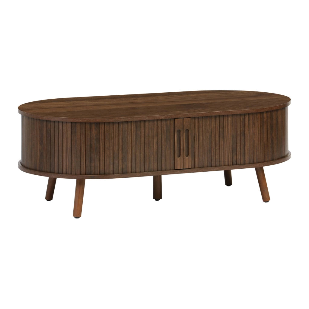 Tavolino scandinavo effetto legno scanalato 2 ante scorrevoli, noce
