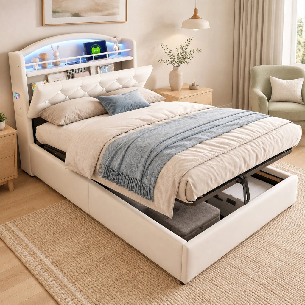 Letto imbottito per bambini 90x200 cm con LED, USB e vano contenitore beige