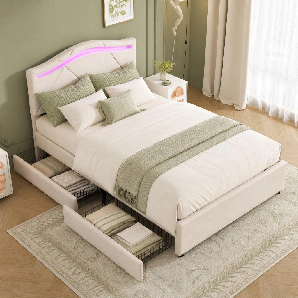 Letto imbottito 90x200 cm con LED; 2 cassetti e testiera regolabile in lino beige