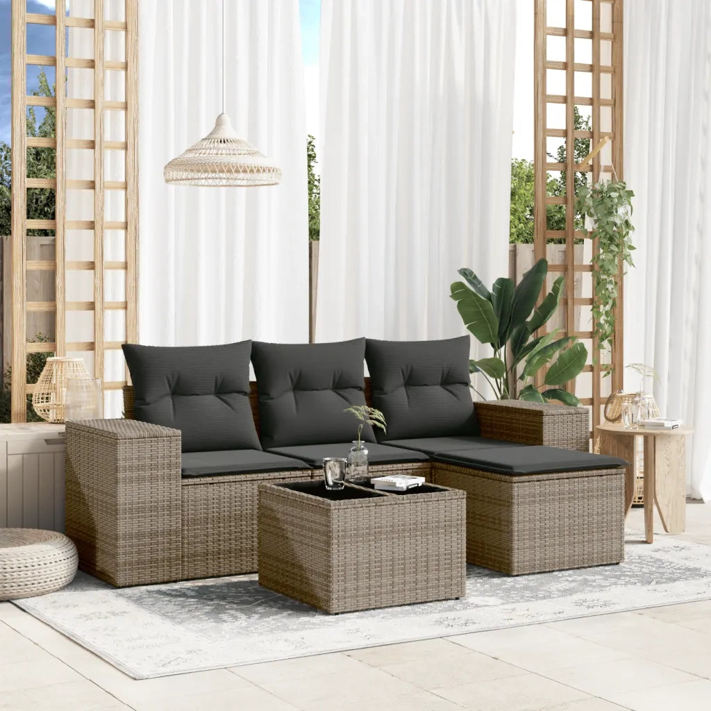 Set Divano da Giardino 5 pz | Set Salotto da Giardino con Cuscini Grigio in Polyrattan